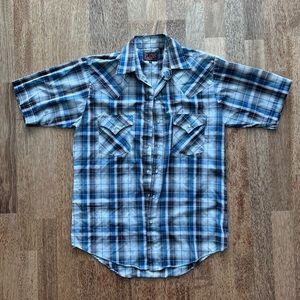 Plains Western Wear Short Sleeve Pearl Snap Blue Plaid Shirt Mens Small Classic